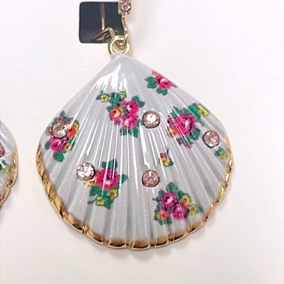 Brand New Betsey Johnson Floral Seashell Rhinestone Drop Earrings Beach Tropical - Picture 7 of 14
